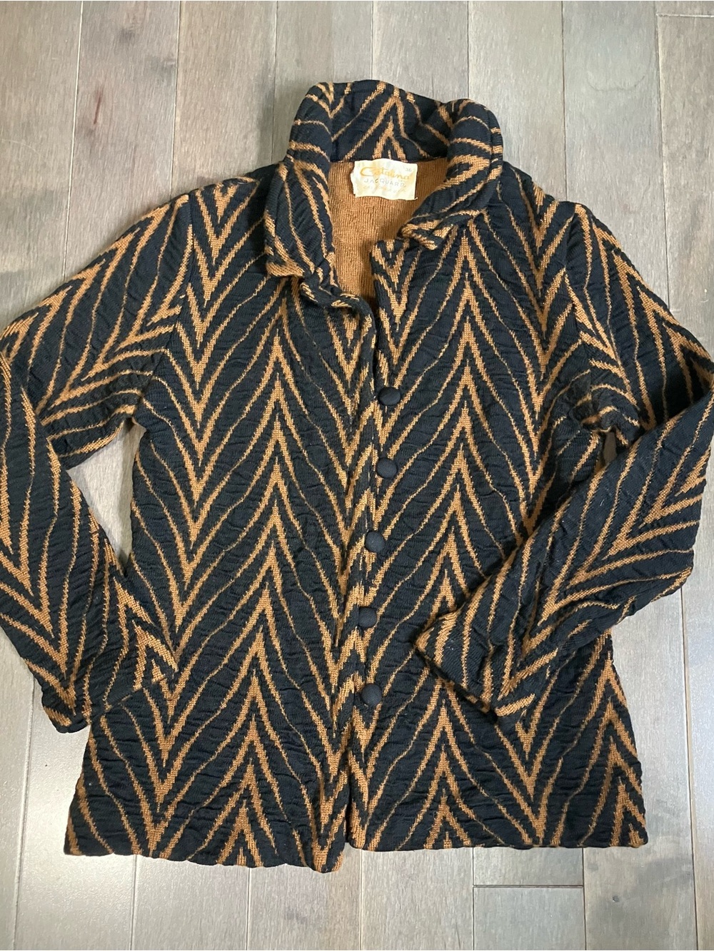 Vintage Made in USA Catalina Black & Brown Chevron-Patterned Women's Wool Jacket